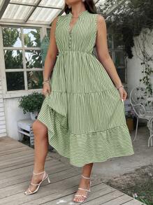 SHEIN Clasi 大尺碼女性夏季條紋無袖V領高衩連身休閒長裙 - 彩色 - 查看 3