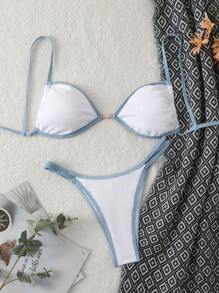 女士夏季沙灘搭配對比色性感比基尼套裝