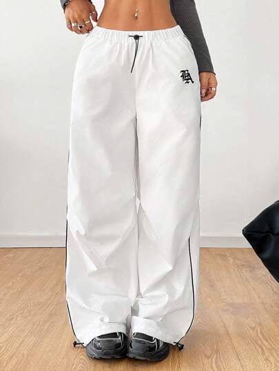 Coolane Women's  Fall/Winter  Streetwear  Banded Texture Decoration  Sport Parachute Pants,Back To School Outfits,White Sweatpants