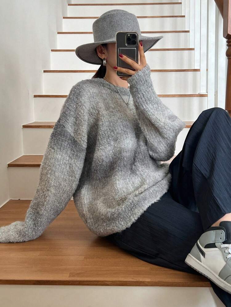 Women's Allover Print Crew Neck Long Sleeve Sweater,Long Sleeve Tops,Fall Women Clothes