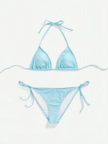 Swim Mod Conjunto de bikini de dos piezas sexy con tiras halter y nudo en la espalda para el top del conjunto de bikini y nudo lateral para el bottom del conjunto de bikini, ideal para playa de verano