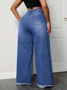 SHEIN ICON Plus Size Women's Loose-Fit Casual Denim Wide-Leg Pants With Ripped Design And Pockets - Dark Wash - View 2