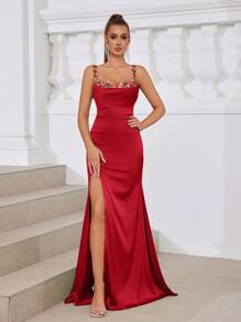 SHEIN Belle 优雅彩色花朵刺绣大腿高开叉美人鱼连衣裙，非常适合约会、单身派对、度假、正式晚会等场合、婚礼宾客礼服 - 紅色 - 查看 2