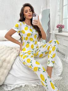Snug Zone Lemon Printed Women's Short Sleeve Long Pants Pajama Set - Multicolor - View 4