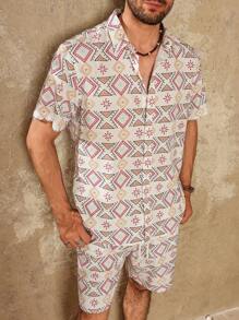 Manfinity RSRT Men Summer Allover Print Button-Front Short-Sleeve Shirt And Shorts Casual Set - White - View 7
