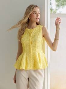 MOTF PREMIUM ÁO CỔ KHÔNG TAY PEPLUM NÚT CAO CẤP TRƯỚC - Màu vàng - Xem 2