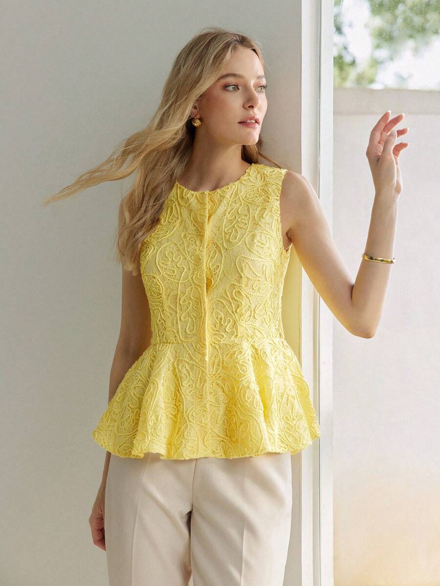 MOTF PREMIUM ÁO CỔ KHÔNG TAY PEPLUM NÚT CAO CẤP TRƯỚC