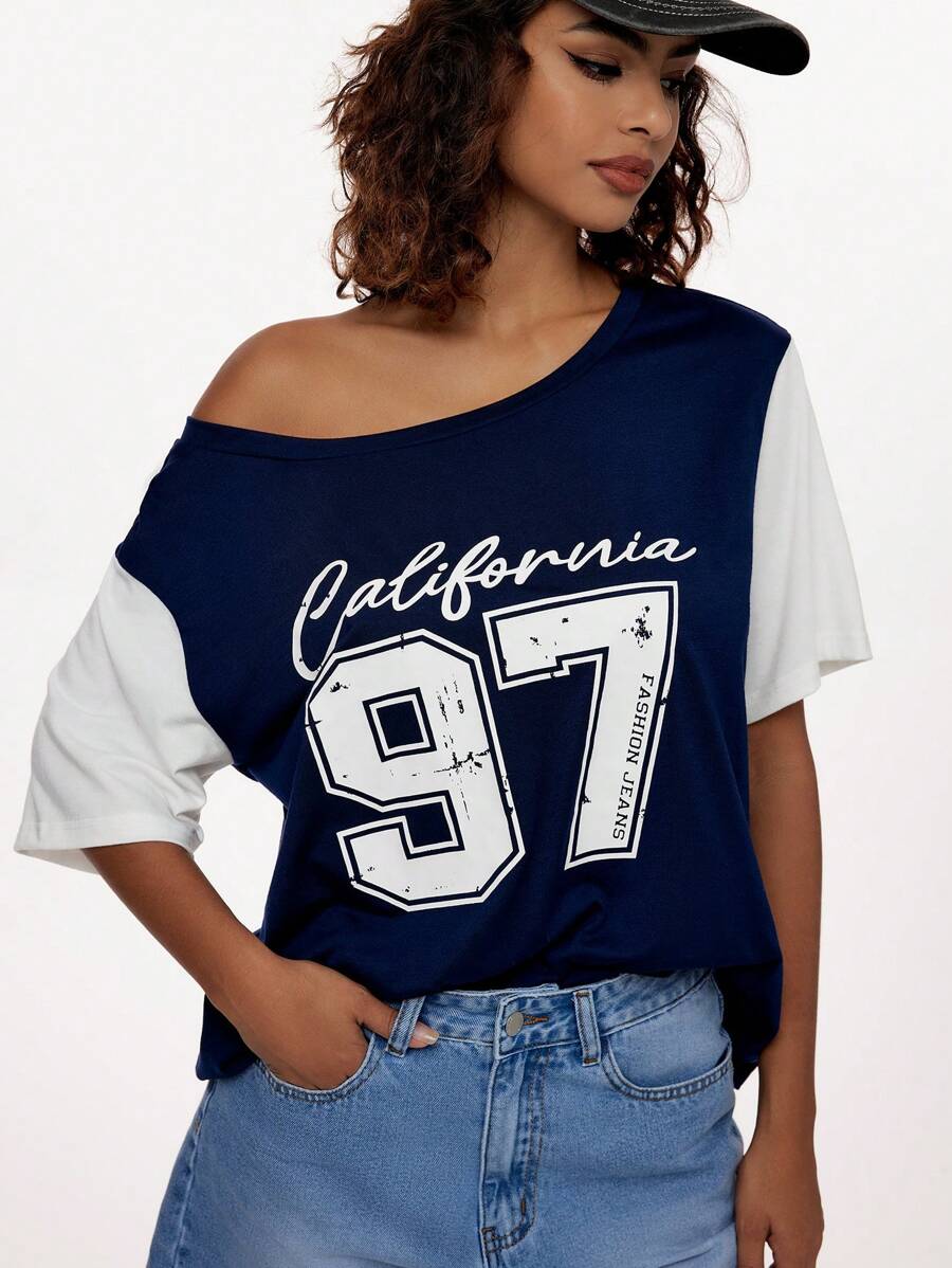 Forever 21 Women's Spring/Summer Loose Fit Casual T-Shirt With Letter Print, Color Block, Round Neckline And Drop Shoulder Sleeves - Blue - View 1