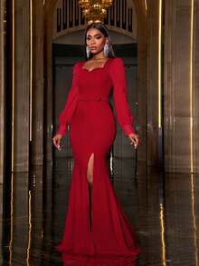Faeriesty Square Collar Split Thigh Mermaid Hem Belted Formal Dress - Red - View 4