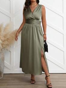 Celure Vestido casual para el verano de talla grande, de unicolor y sin mangas con cintura fruncida y aberturas laterales