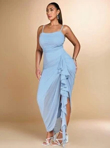 SHEIN BAE 大码女式长款绿色网眼吊带连衣裙，带荷叶边饰边，适合浪漫度假或优雅派对，女士生日礼服 - 淺藍色 - 查看 5