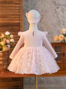 Robe de fête d'anniversaire de mariage pour fille fleur, robe rose à manches longues pour bébé fille avec papillon et fleur en 3D, scène, - Rose bonbon - Voir 2