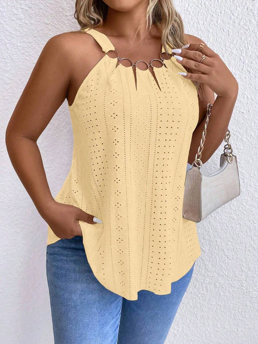 SHEIN LUNE Plus Size Women's Solid Color Circle Link Casual Tank Top, Summer - Yellow - View 1