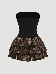 SHEIN Unity Váy không dây xếp nếp nhiều lớp họa tiết da báo, trang phục mùa hè ngắn cho nữ Váy cheetahVáy cheetahVáy in hình da báoVáy cheetah - màu đen - Xem 2