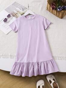 Young Girl Knitted Solid Color Letter Print Loose Casual Dress With Round Neck