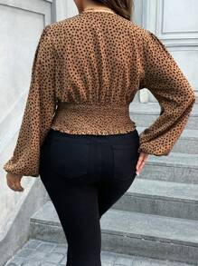 Flirla Plus Size Spring/Summer Casual Leopard Print Lantern Sleeve Ruched Waist Shirt - Brown - View 2
