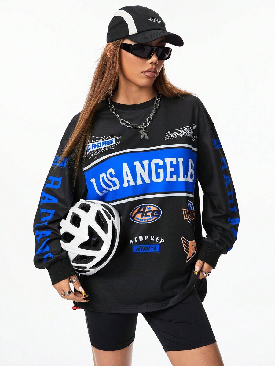 SHEIN Coolane Women's Vintage Back To School Football Street Cool T-Shirts, Y2K Fall Long Sleeve Loose Fit Tee With Sports Motorcycle Print - Black - View 1