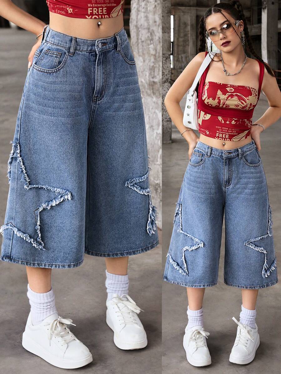 SHEIN Lockere Jean Capri Hose im Y2K Vintage Street Style für Teenager Mädchen mit neutralen aufgenähten Fünf-Sterne-Verzierungen