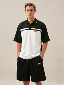 Manfinity RebelGame Men's Patchwork Loose Short Sleeve Polo Set, Perfect For Summer,Back To School,Back To School