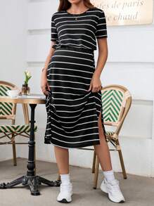 SHEIN Maternity Striped Round Neck Short Sleeve Casual Breastfeeding Nursing Dress, Summer - Black - View 5