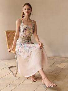 MOTF PREMIUM ORGANZA FLORAL PRINT FLARE HEM MIDI DRESS WITHOUT BELT, WOMEN OUTFIT