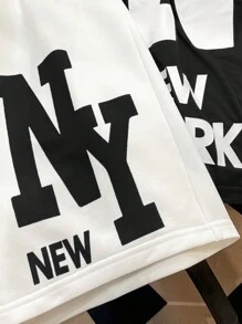 SHEIN 青少年男孩休閒寬鬆舒適百搭印花短袖上衣與短褲套裝 - 黑與白 - 查看 3
