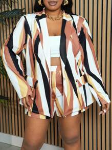 Slaydiva Commuting & Casual Plus Size Women's Printed Multicolor Suit Jacket And Casual Shorts Two-Piece Set - Multicolor - View 7