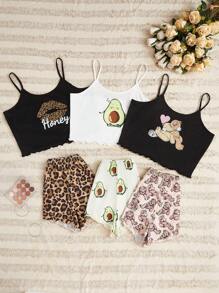 SweetSlumber Bộ 3 bộ đồ ngủ áo yếm và quần đùi in hình hoạt hình dành cho nữ - Nhiều màu - Xem 3