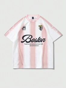 ROMWE MEN Street Life 男式夏季标语条纹印花圆领短袖休闲足球球衣风格 T 恤，学校风，2000 年代风格 - 粉色 - 查看 1