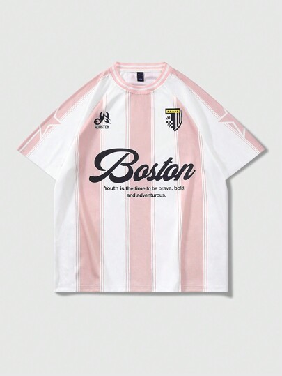 Street Life Men's Summer Slogan Striped Printed Crew Neck Short Sleeve Casual Football Football Jersey Style T-Shirt, School, 2000s Style