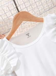 SHEIN 青少女純色荷葉肩圓領長袖上衣+側開叉短褲套裝 - 卡其色 - 查看 5