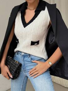 Chiquease 女款V領無袖紋理針織背心，配色方塊設計和口袋，適合日常休閒穿著，舒適寬鬆