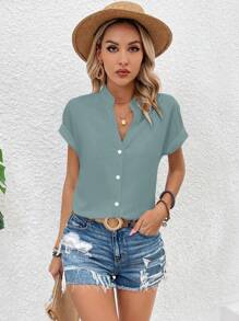 SHEIN LUNE Women's Vacation Leisure Solid Color Notch Neck Shirt - Mint Green - View 4