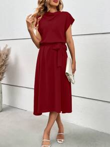 SHEIN Clasi 女士純色簡約日常穿搭肩帶連身裙 - 酒紅色 - 查看 5