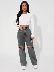 SHEIN PETITE 有口袋的實心磨損休閒牛仔褲