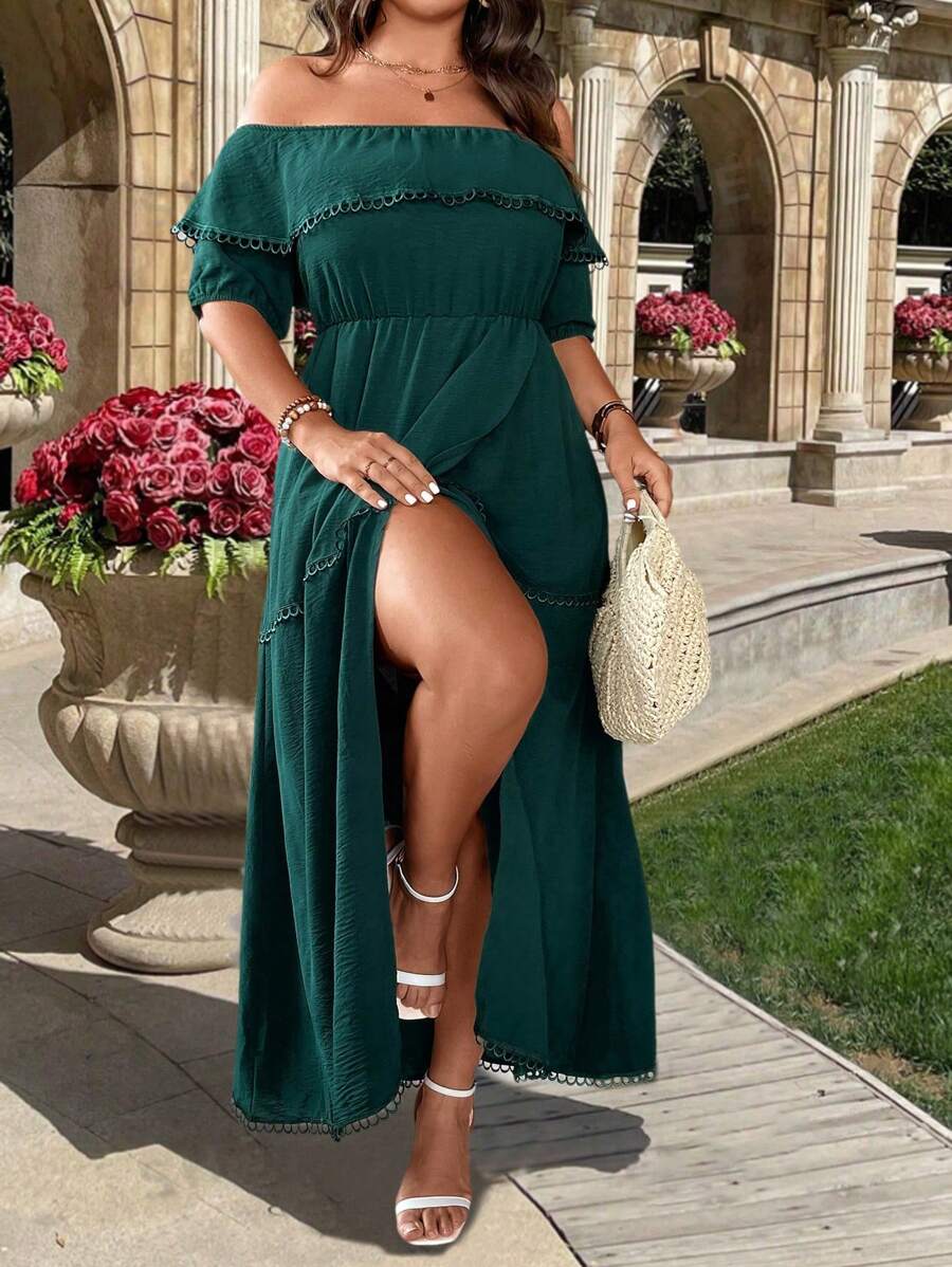 SHEIN LUNE Plus Size Đầm voan phối ren màu trơn dành cho nữ với đường viền cổ trễ vai - Màu xanh lá cây đậm - Xem 1