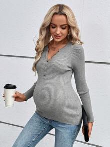 SHEIN Maternity Spring/Autumn Casual Solid Color Half-Zip Slim Fit Sweater, For Winter