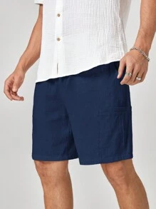 Manfinity Homme Nuevo pantalón corto deportivo recto de cintura media con cintura elástica tejido para hombre, adecuado para uso diario en primavera y verano - Azul Marino - Ver 5