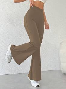 SHEIN Unity Pantalones acampanados de un solo color de uso diario simple para mujeres - Caqui - Ver 5