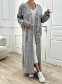 EURMUSE Cable Pattern Sweater Maxi Cardigan - Light Grey - View 3