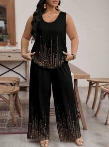 EMERY ROSE Áo ba lỗ không tay thông thường mùa hè & Quần dài Slim Fit nữ Plus Size Họa tiết sequin 2 cái/bộ - trái cam - Xem 5