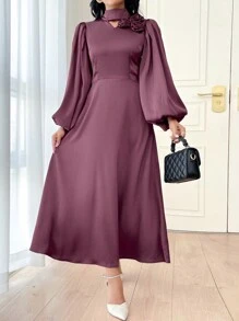 Modelyn Women's Fall Elegant Maroon Solid Color Long Sleeve Floral Applique Dress