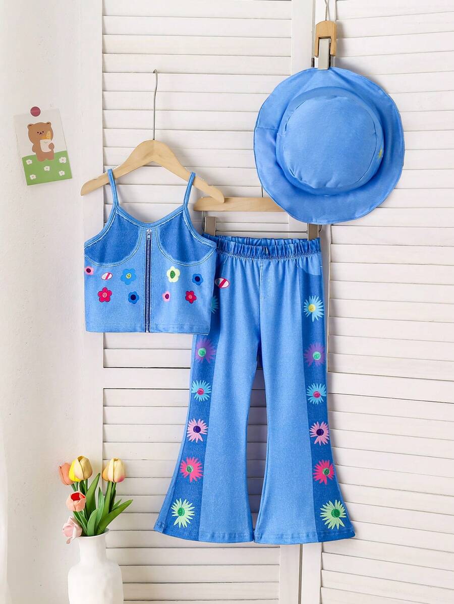 Girls' Beach Vacation Printed Top + Printed Jeans Set - Blue - View 1