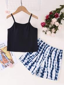 2pcs Tween Girl Casual Tie Dye Print Camisole & Shorts Loungewear Set - Multicolor - View 2