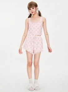 ROMWE Kawaii 女性舒適可愛兔骨花紋睡衣套裝，蝴蝶結設計和全蕾絲邊飾 - 彩色 - 查看 2