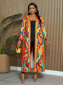 Slaydiva Plus Size Women's Casual Abstract Geometric Water Ripple Print Long Sleeve Cardigan For Going Out - Multicolor - View 6