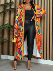 Slaydiva Plus Size Women's Casual Abstract Geometric Water Ripple Print Long Sleeve Cardigan For Going Out - Multicolor - View 1