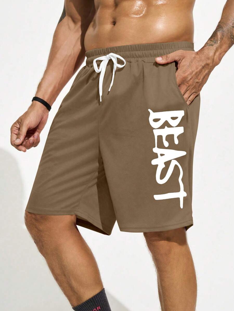 Gym Rark Boyfriend Style Men's Letter Print Drawstring Pocket Sport Shorts, Summer School Sweat Pants - Khaki - View 1