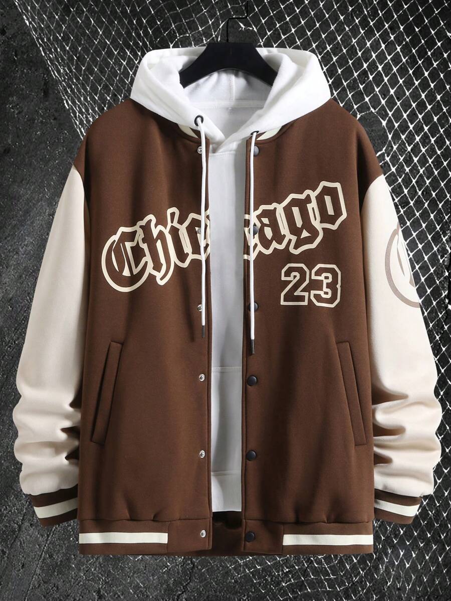 Aesthetic Post--Loose Fit Men's Two-Tone Letter Printed Varsity Jacket Without Hood - Brown - View 1