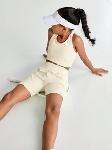 SHEIN Tween Girls Yoga Stretchy & Breathable Moisture Wicking Sleek Training Running Cycling Activewear Set, Beige - Khaki - View 5